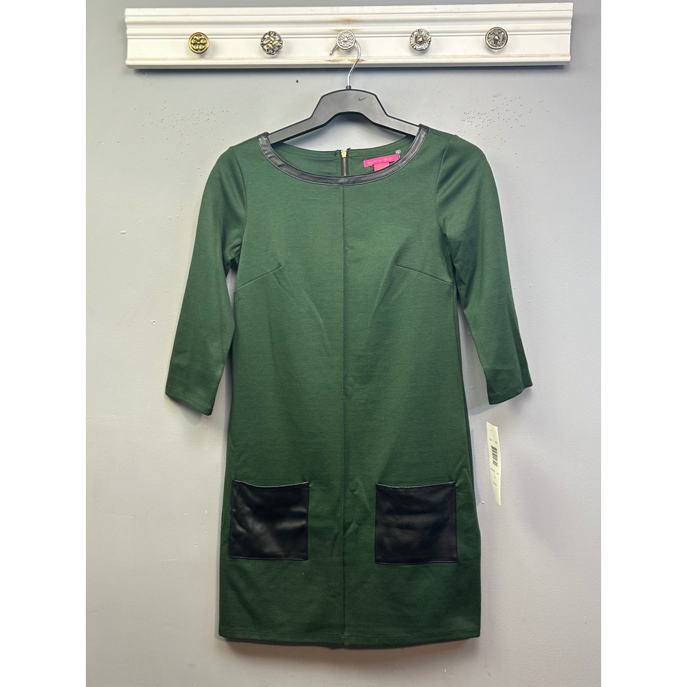 Sunny Leigh Dress Womens XS Green Mountain View Faux Leather Trim Shift New
